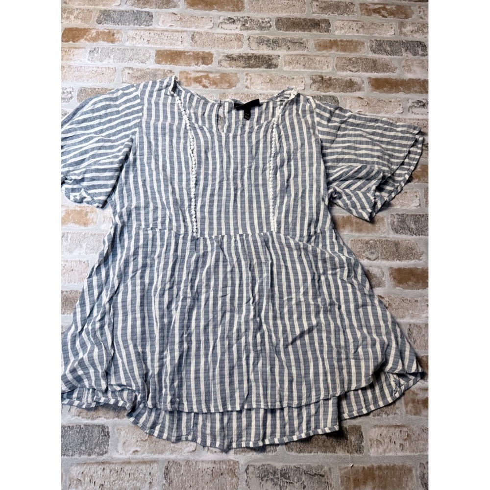 Lane Bryant Blue White Striped Peplum Top Pom Pom Trim Flutter Sleeve 14/16